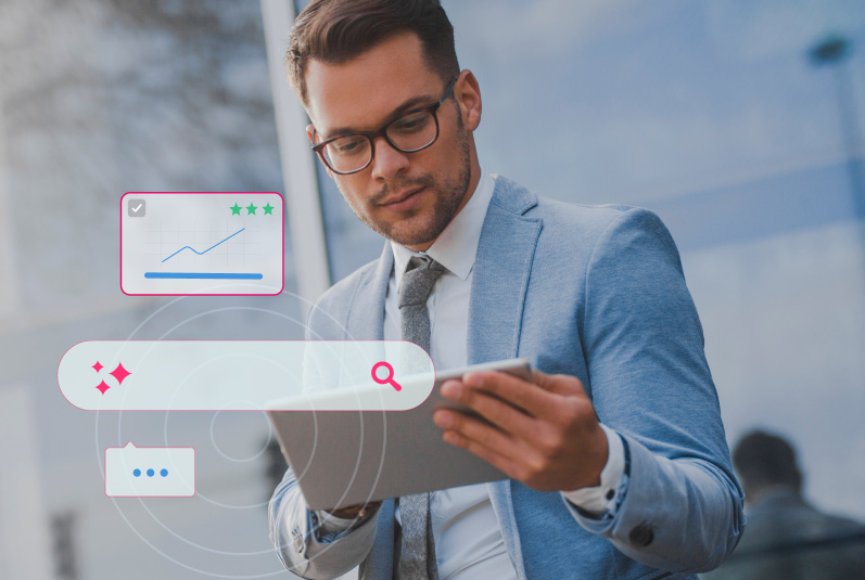 AI-powered CRM growth engine visualization showing sentiment analysis and predictive insights driving business outcomes